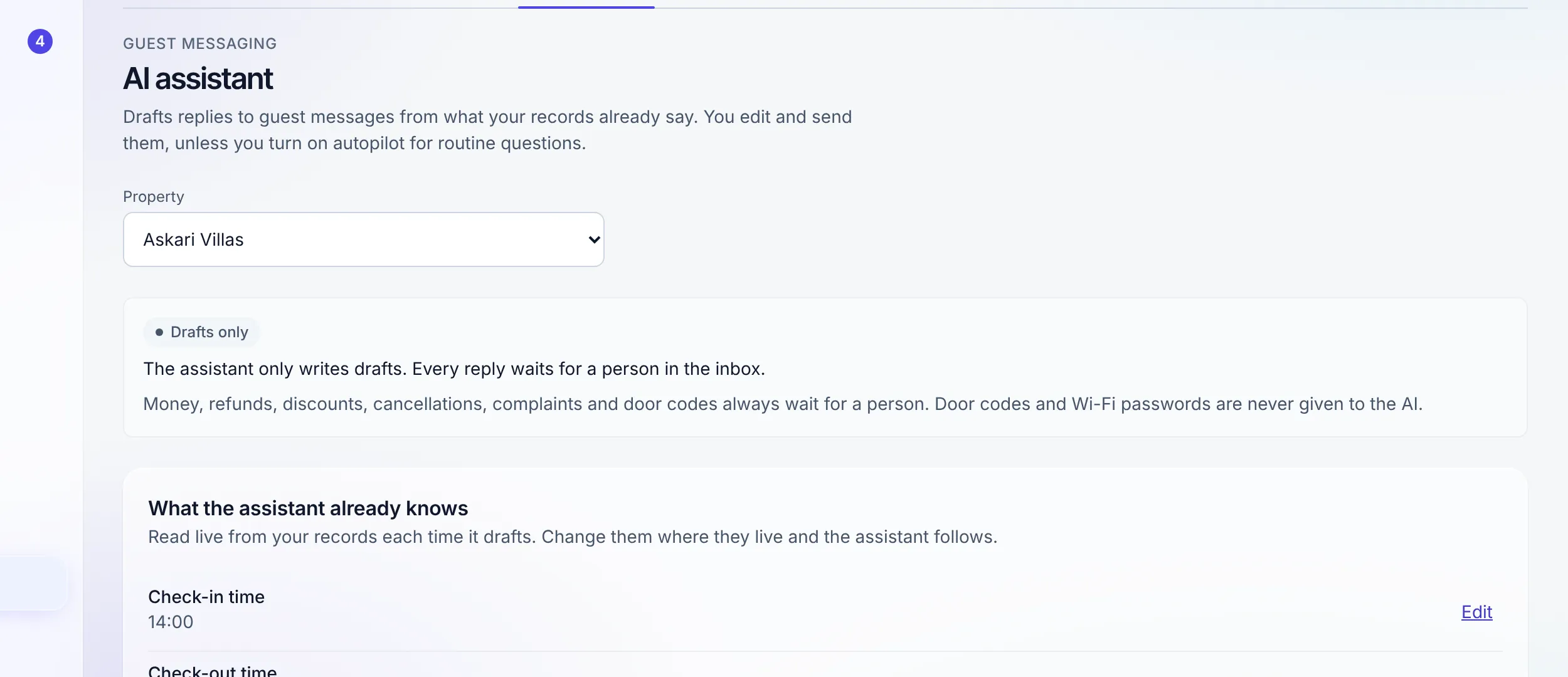 The AI assistant page for one property, in drafts-only mode, with what it already knows about the property