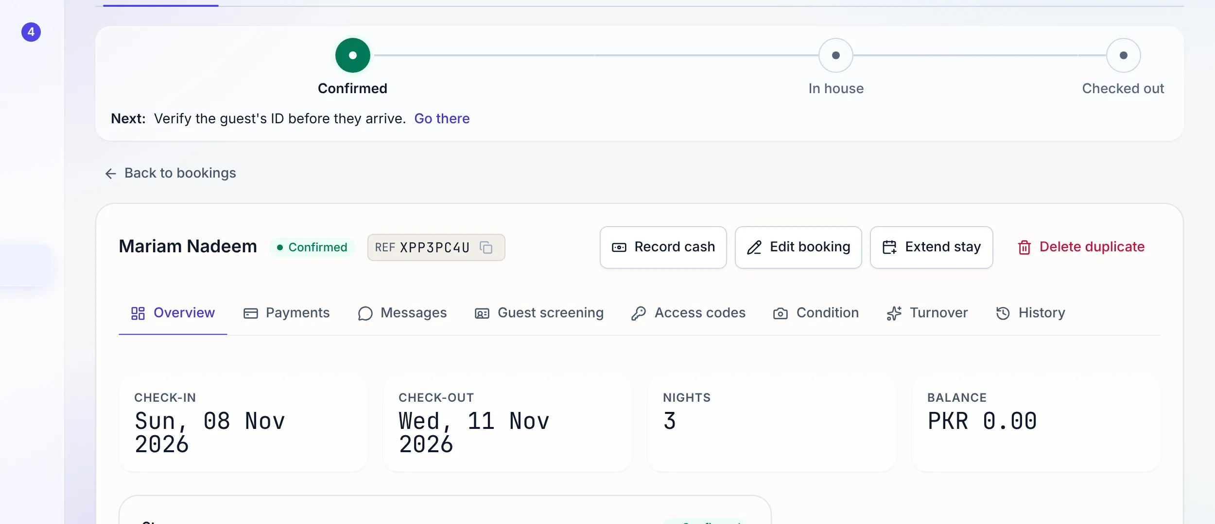 A booking detail page showing money, messages and history