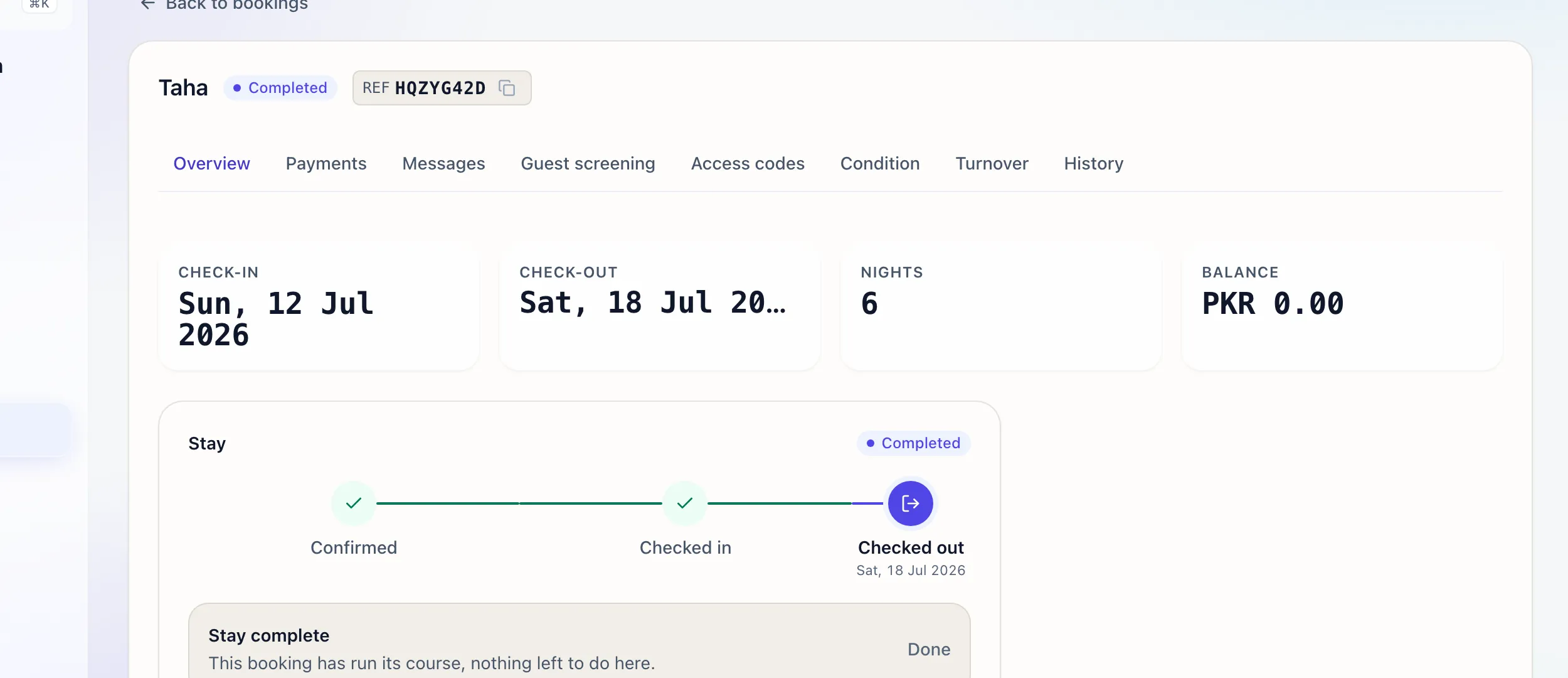 A booking detail page showing money, messages and history