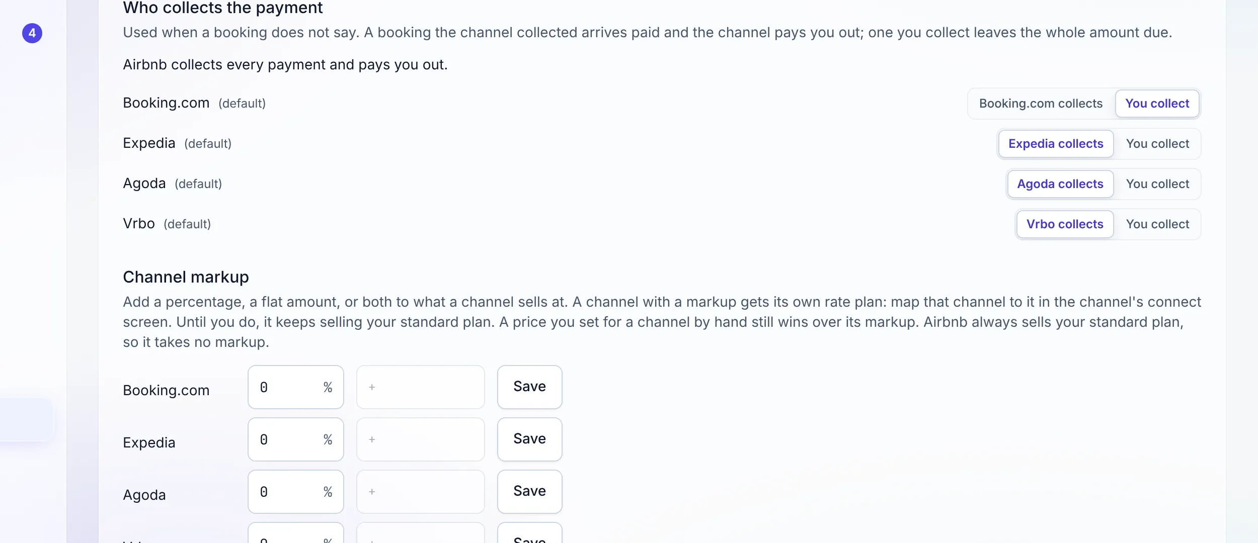 The Channels page: who collects the payment on each channel, and a markup per channel