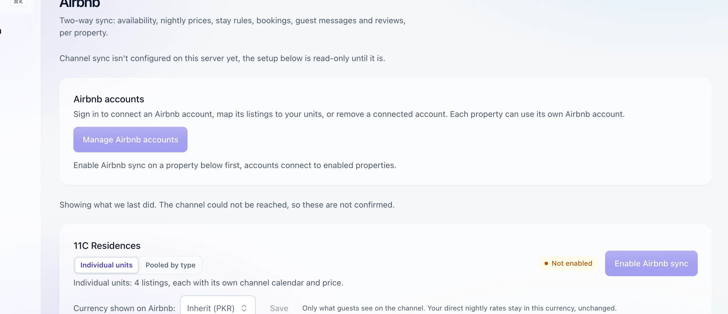 The channels screen showing the Airbnb connection with live sync status