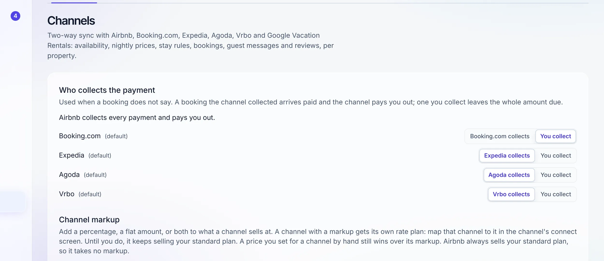 The channels screen showing the Airbnb connection state