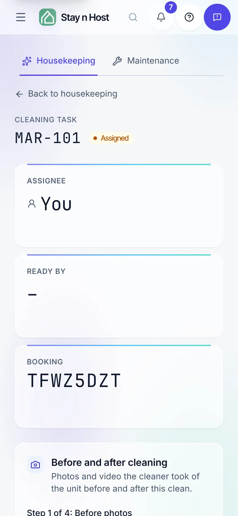 A cleaning task on a phone, assigned to you, with its before-and-after photo steps