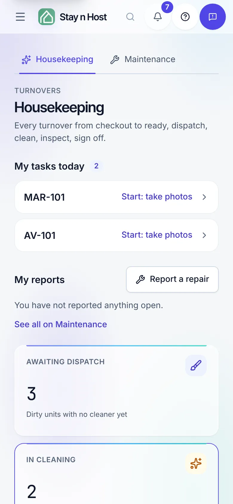 A cleaner's home on a phone: My tasks today, and Report a repair