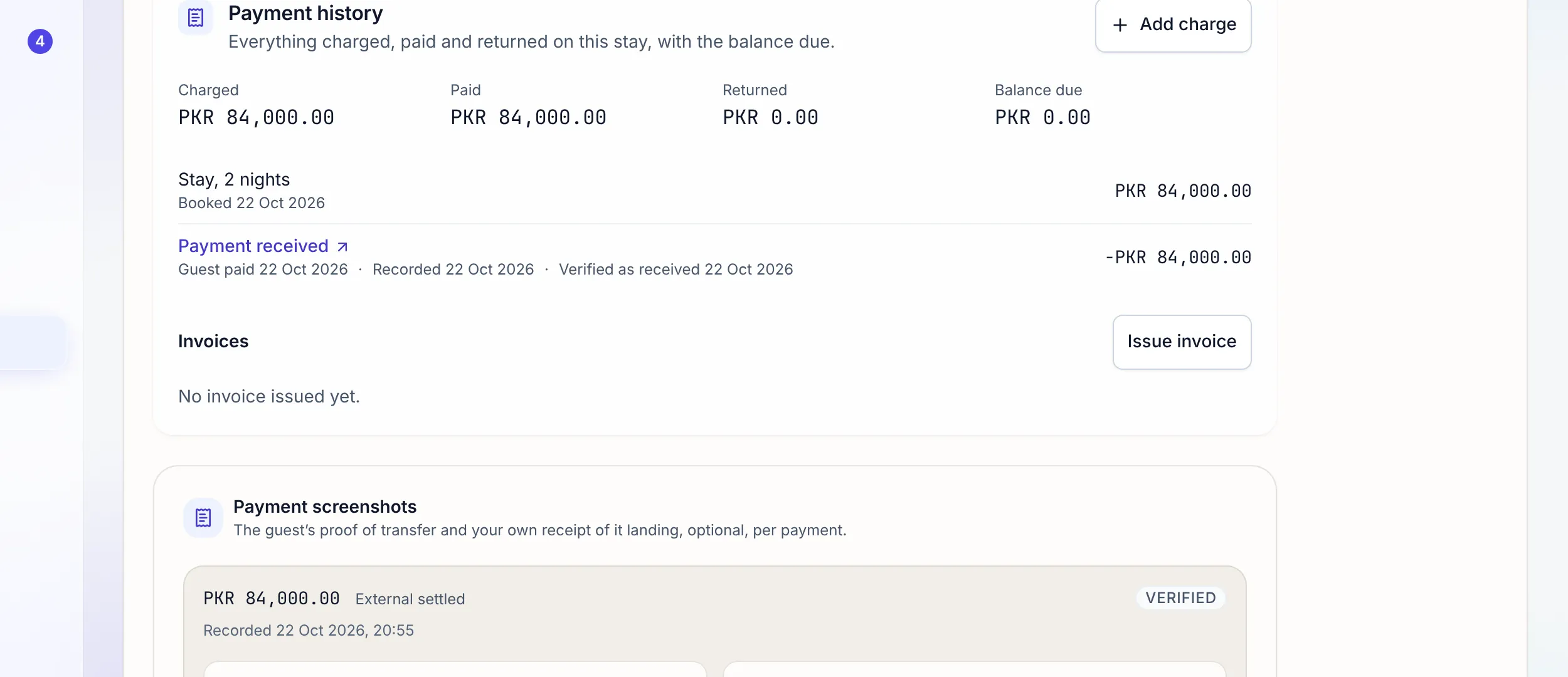A stay's Payments tab: what was charged, paid and returned, the balance due, and the guest's payment proof