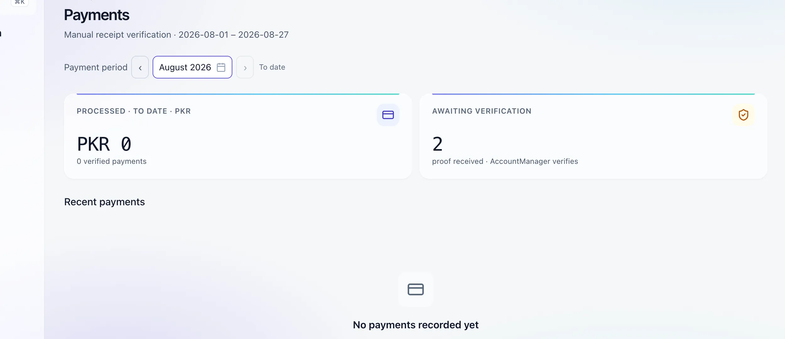 The payments list showing verified and pending payments