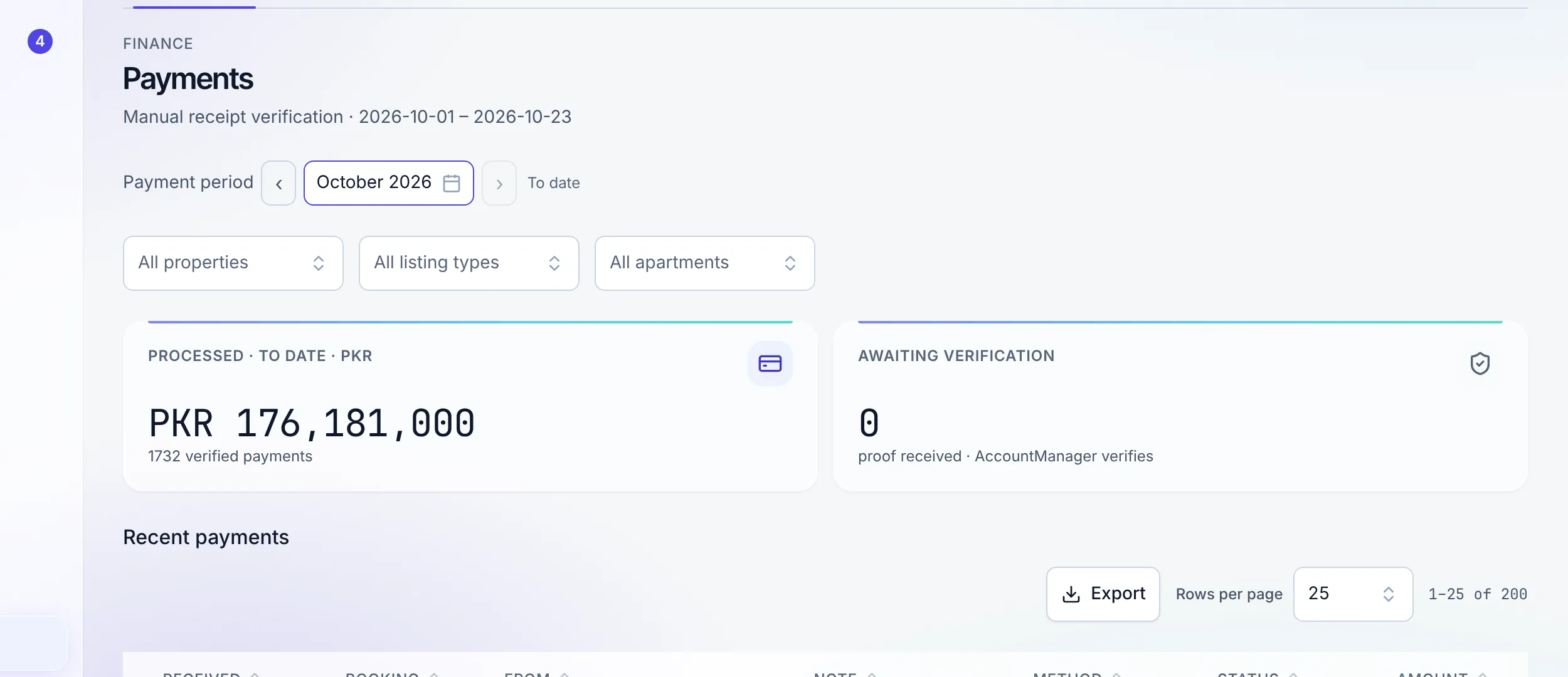 The payments screen with human-verified entries