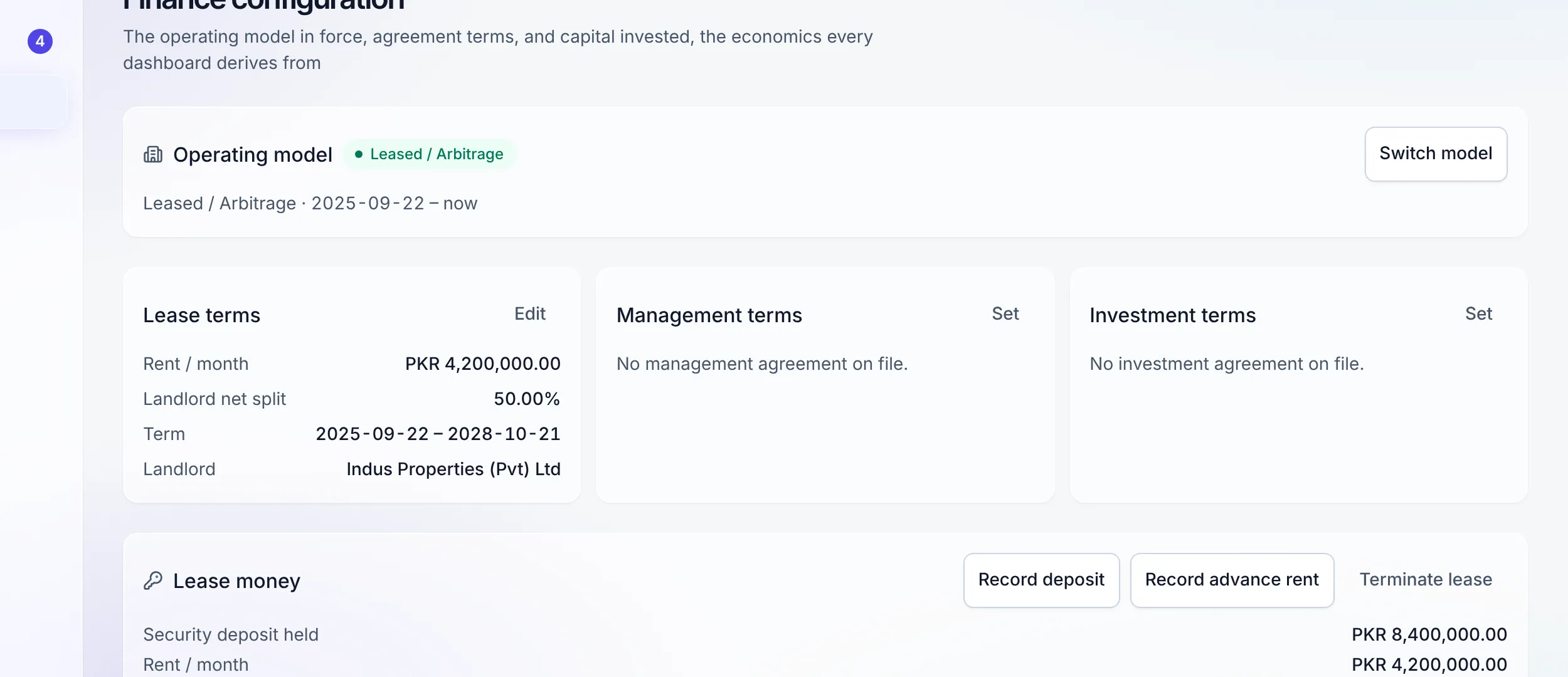 Property finance settings showing the operating model and terms