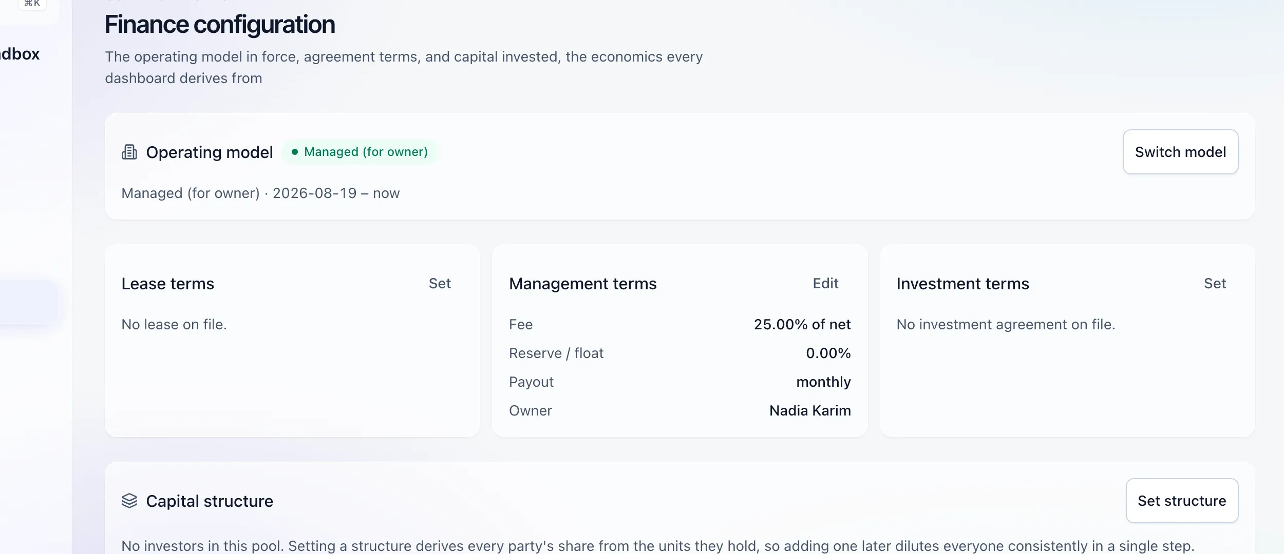 Property finance settings showing the operating model and terms