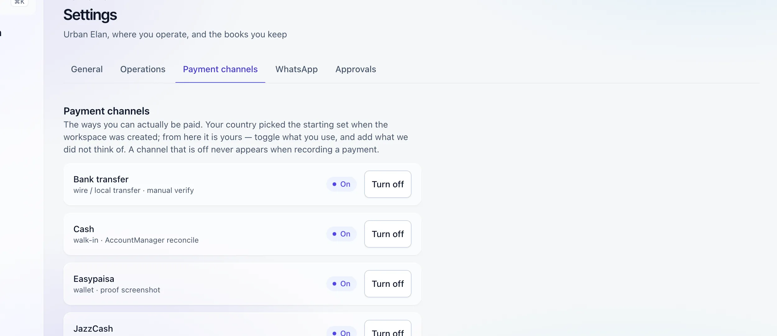 Payment channel settings listing bank transfer, cash and card