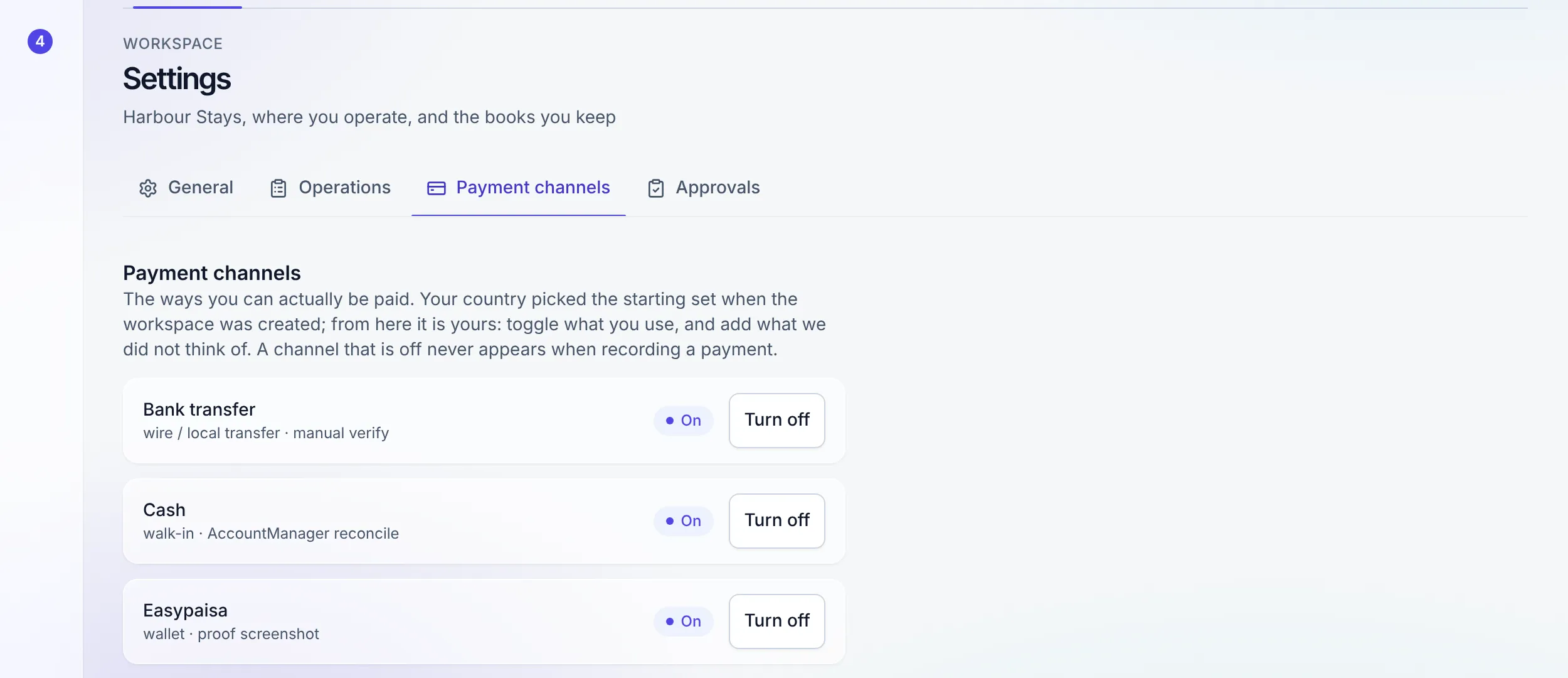 Payment channel settings listing bank transfer, cash and mobile wallet rails