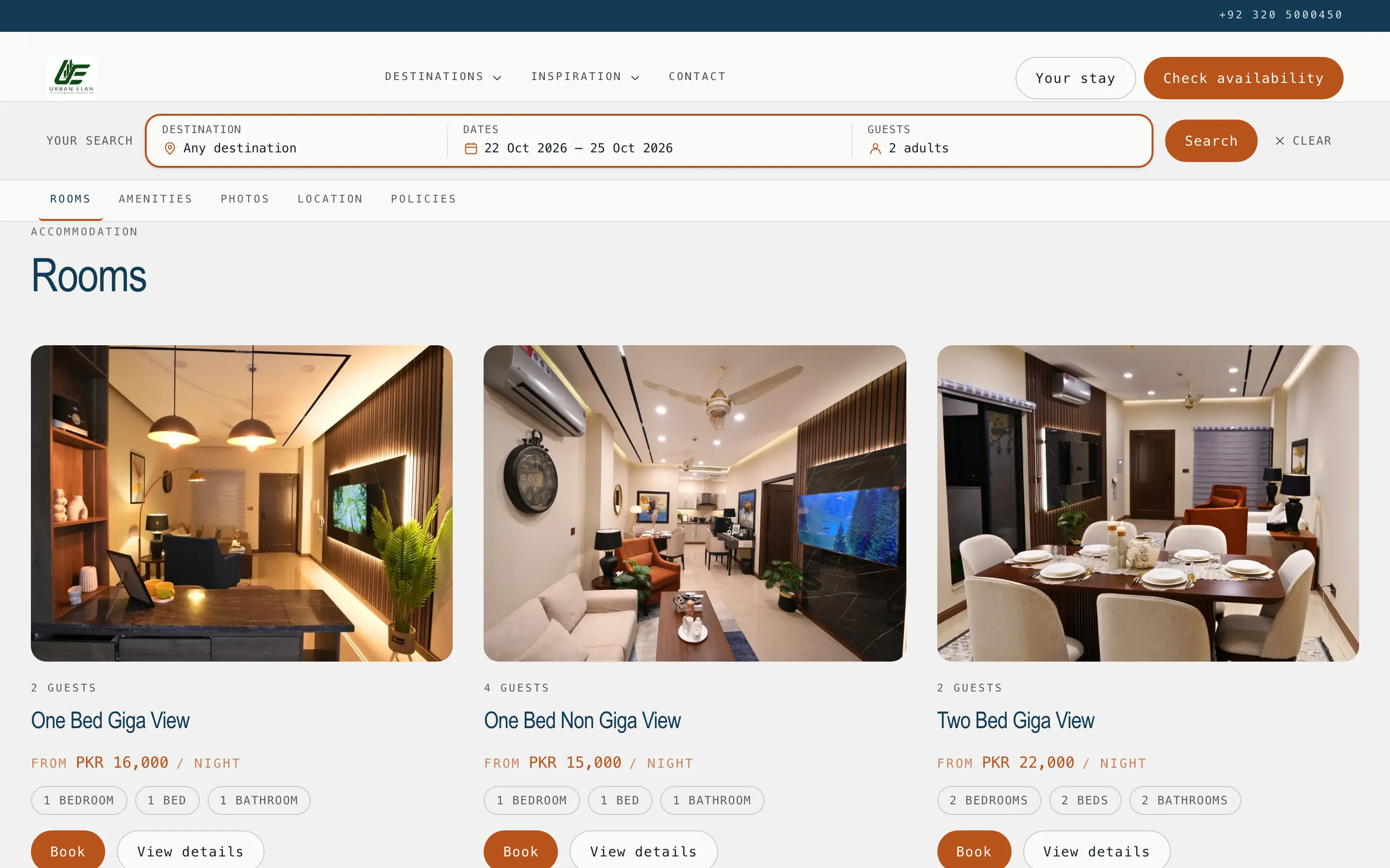 A property's rooms, each with photos, guest count, room facts and a nightly price