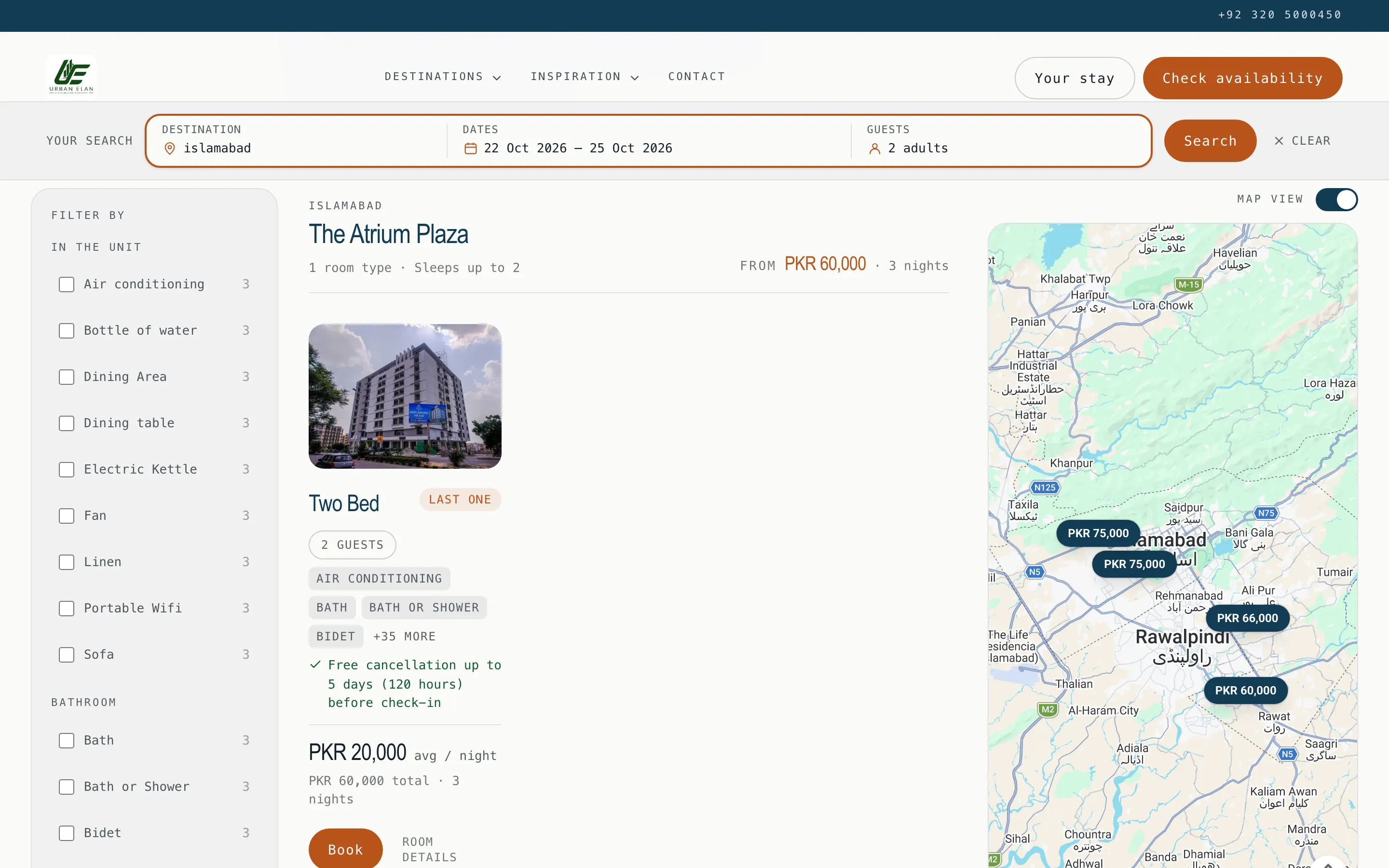A live direct-booking site: search results beside a map with a price pin per property