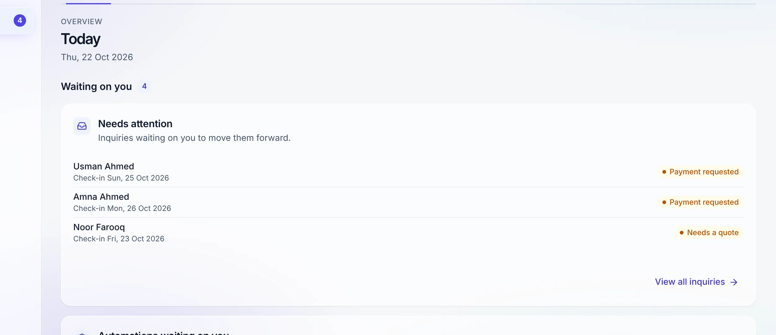The Today dashboard with arrivals and KPIs