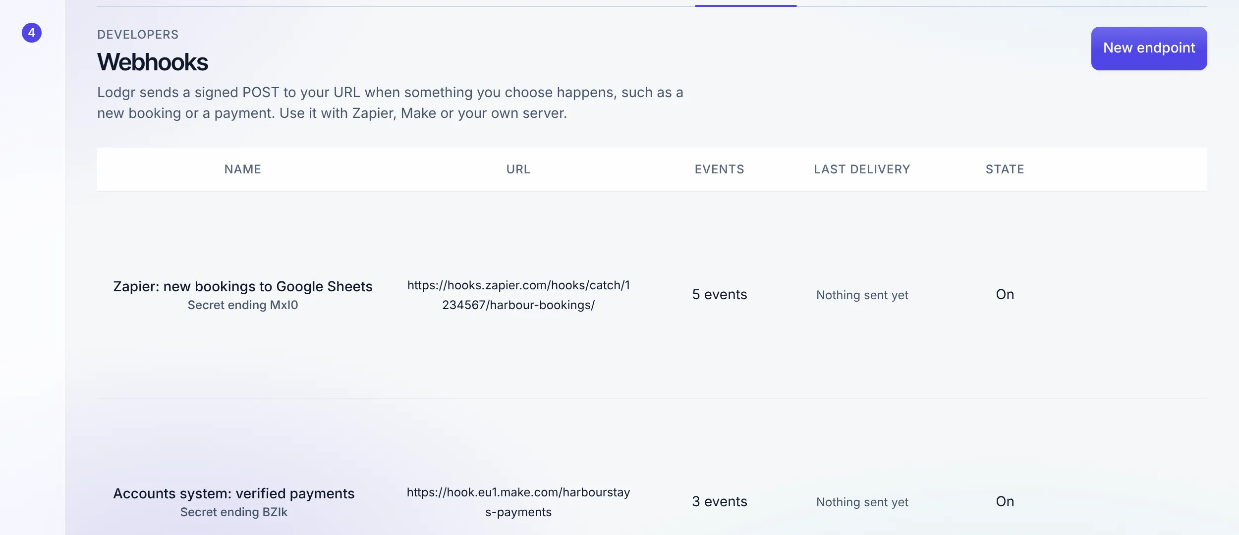 The Webhooks page, with how to check that a delivery really came from Stay n Host